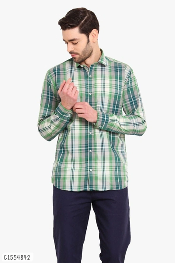 Cotton Checkered Full Sleeves Regular Fit Shirts  - L