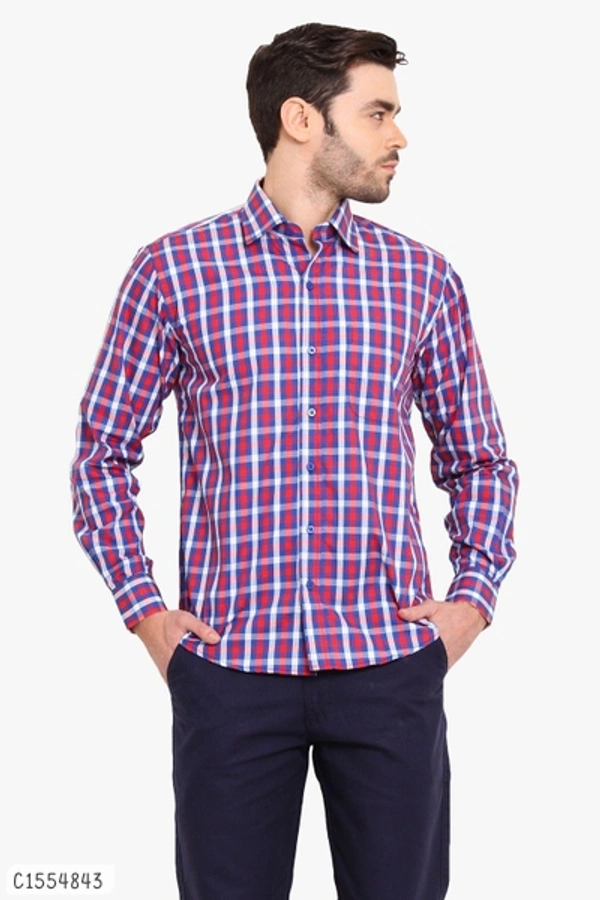 Cotton Checkered Full Sleeves Regular Fit Shirts  - L