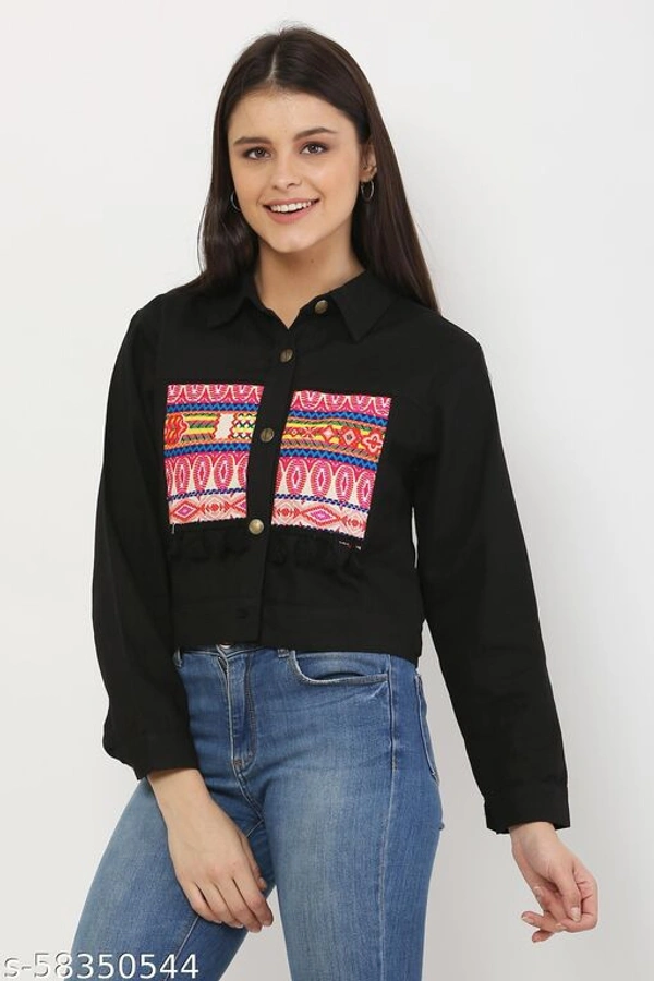 Women's Embroidery Printed Black Denim Jacket - M