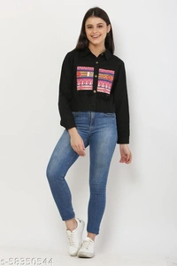 Women's Embroidery Printed Black Denim Jacket - M