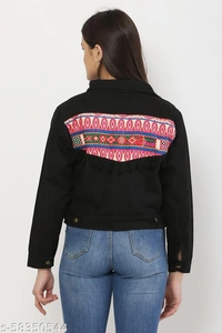 Women's Embroidery Printed Black Denim Jacket - M