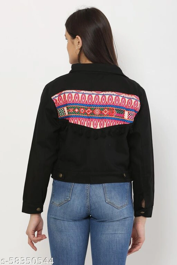 Women's Embroidery Printed Black Denim Jacket - M