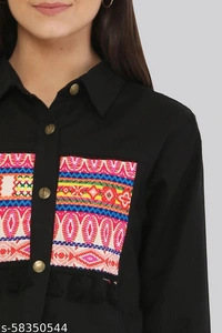 Women's Embroidery Printed Black Denim Jacket - M