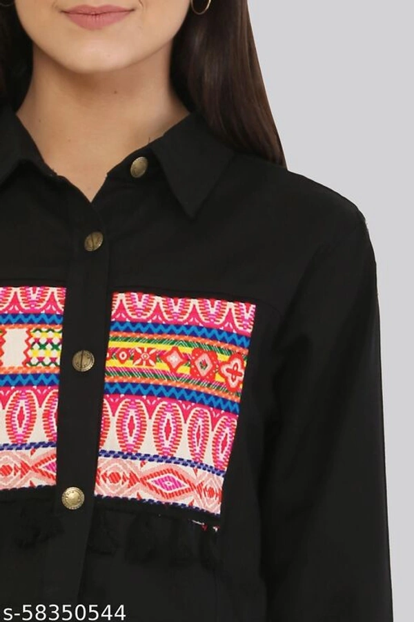 Women's Embroidery Printed Black Denim Jacket - M