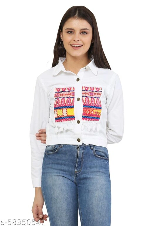 Women's Embroidery Printed White Denim Jacket - M