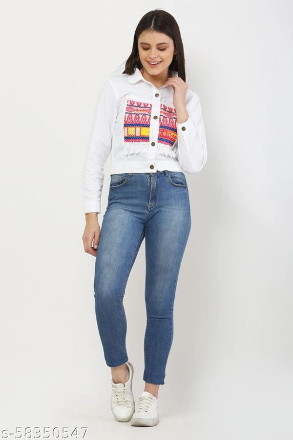 Women's Embroidery Printed White Denim Jacket - L