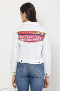 Women's Embroidery Printed White Denim Jacket - L