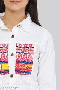 Women's Embroidery Printed White Denim Jacket - L