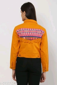 Women's Embroidery Printed Yellow Denim Jacket - M