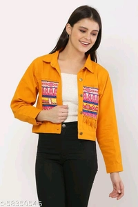 Women's Embroidery Printed Yellow Denim Jacket - M