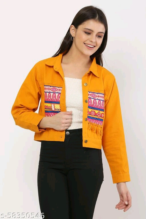 Women's Embroidery Printed Yellow Denim Jacket - M
