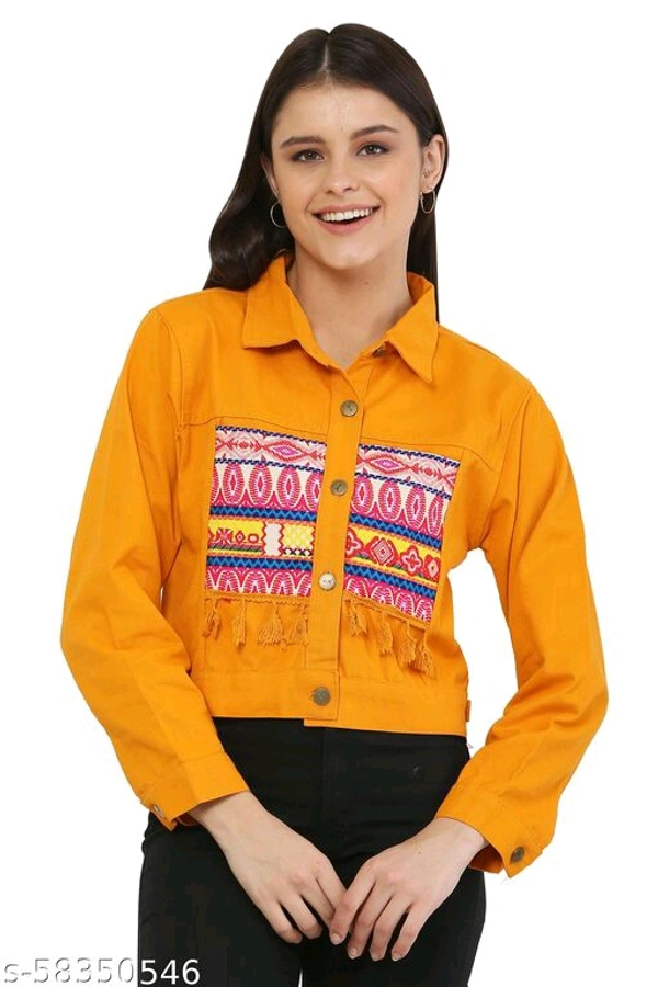 Women's Embroidery Printed Yellow Denim Jacket - M