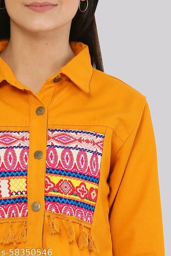 Women's Embroidery Printed Yellow Denim Jacket - M