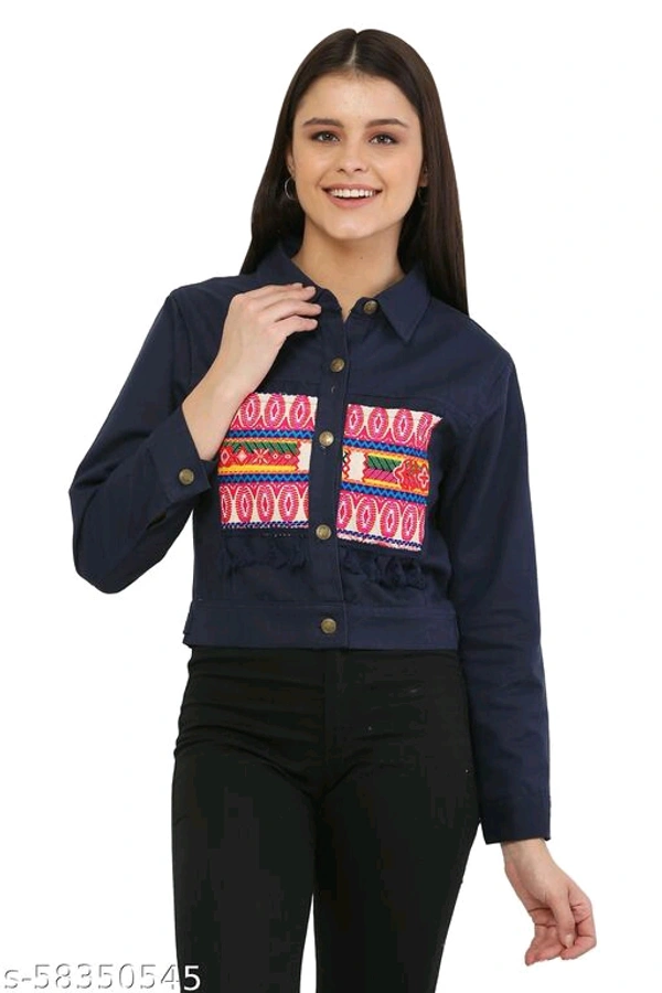 Women's Embroidery Printed Blue Denim Jacket - S