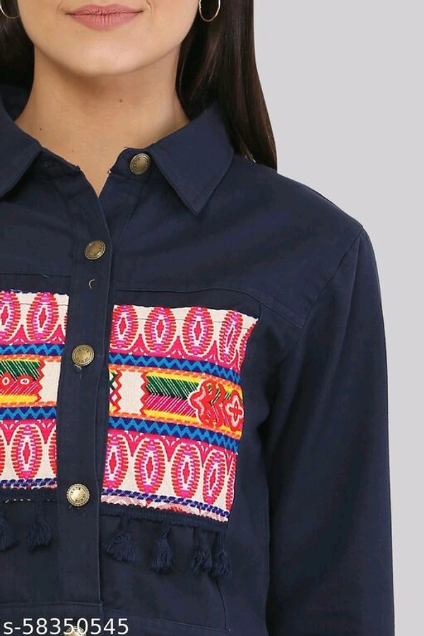Women's Embroidery Printed Blue Denim Jacket - M