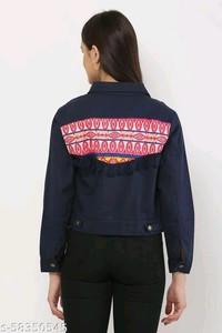 Women's Embroidery Printed Blue Denim Jacket - XL