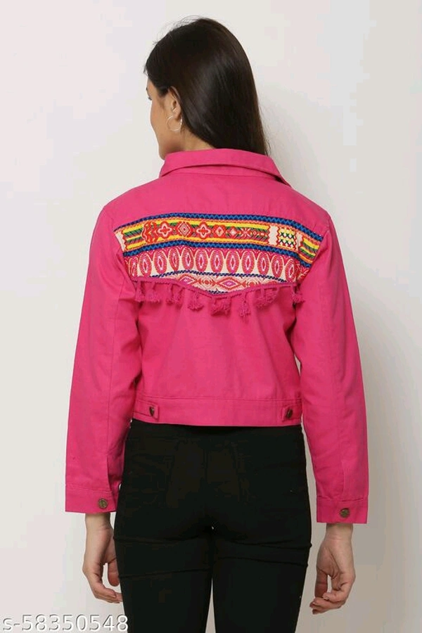 Women's Embroidery Printed Pink Denim Jacket - M