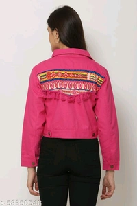 Women's Embroidery Printed Pink Denim Jacket - L