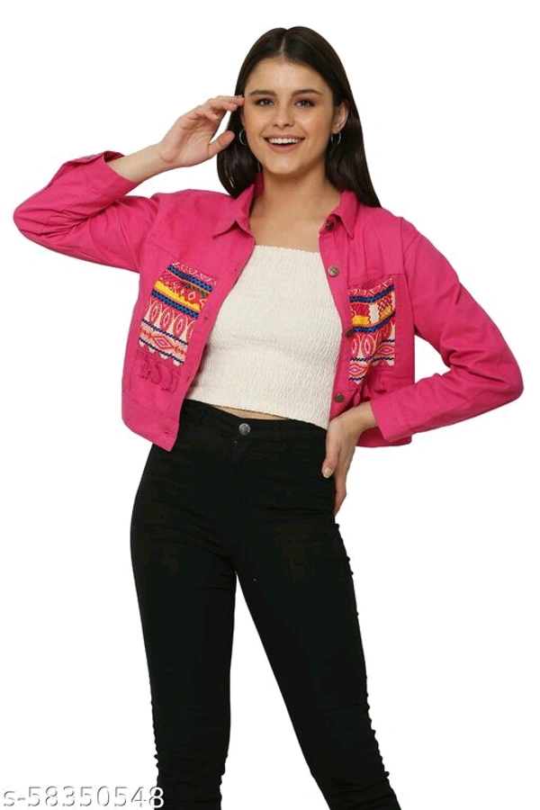 Women's Embroidery Printed Pink Denim Jacket - XL
