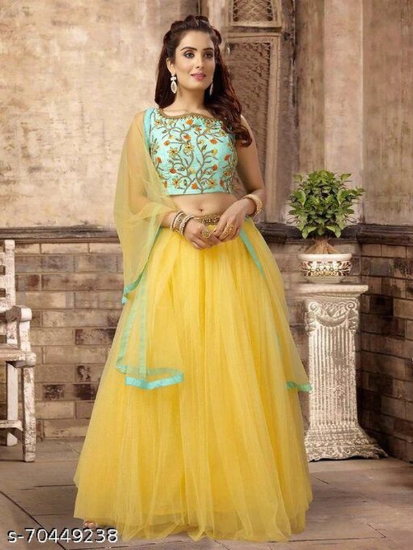 Women's Green Printed Blouse With Yellow Lehenga - SEMI STITCHED