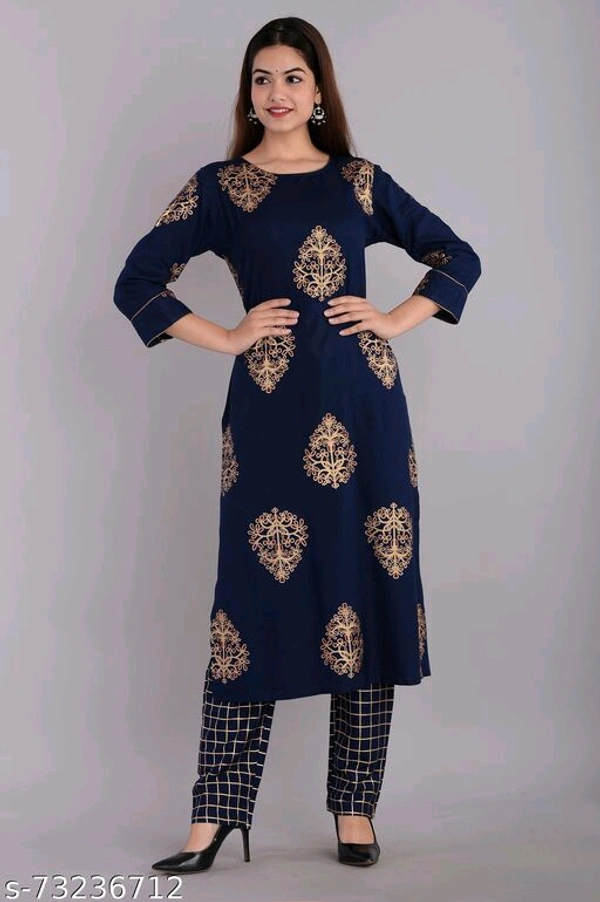Women's Blue Printed Kurta Set - M