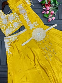 Haldi Special Fully Readymade Embroidery Work Lehenga Choli - Free Size Upto 42inch