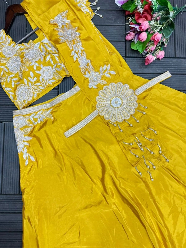 Haldi Special Fully Readymade Embroidery Work Lehenga Choli - Free Size Upto 42inch
