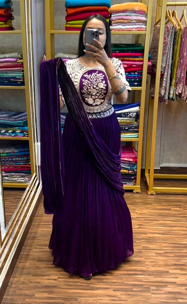 Partywear Lehenga Saree With Stiched Blouse - Free Size Upto 42inch