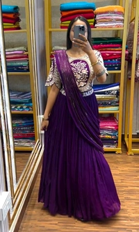 Partywear Lehenga Saree With Stiched Blouse - Free Size Upto 42inch