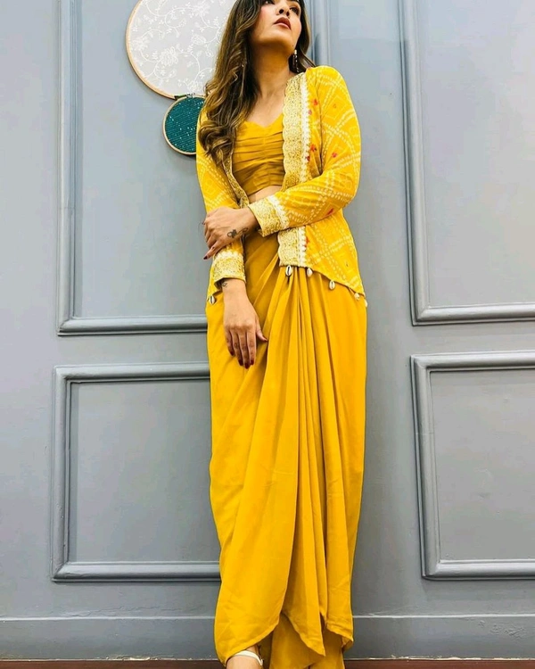 Super Trending Partywear Koti With Dhoti Style Sharara - Free Size Upto 42inch, Yellow
