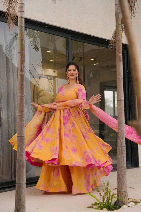 Designer Vichitra Silk Multicolor Gown With Plazzo And Dupatta Set - M