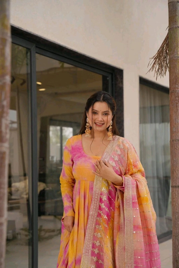 Designer Vichitra Silk Multicolor Gown With Plazzo And Dupatta Set - M