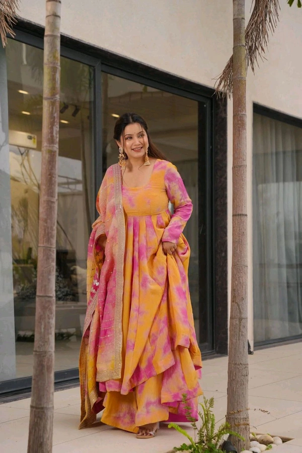Designer Vichitra Silk Multicolor Gown With Plazzo And Dupatta Set - L