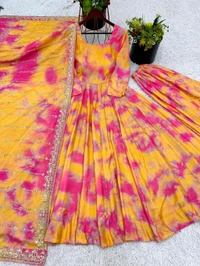 Designer Vichitra Silk Multicolor Gown With Plazzo And Dupatta Set - L