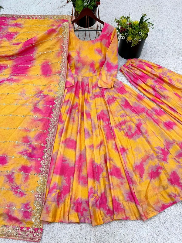 Designer Vichitra Silk Multicolor Gown With Plazzo And Dupatta Set - L