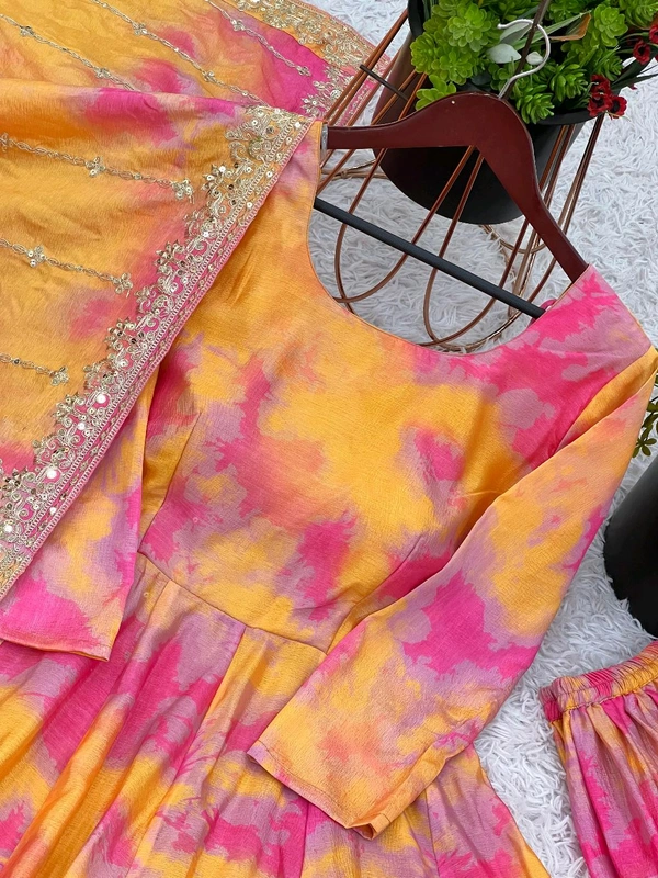 Designer Vichitra Silk Multicolor Gown With Plazzo And Dupatta Set - XXL
