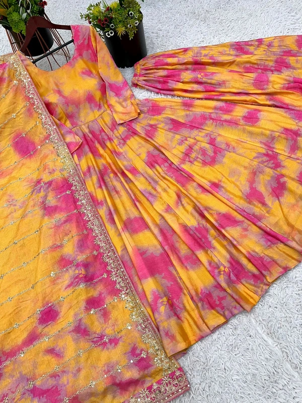 Designer Vichitra Silk Multicolor Gown With Plazzo And Dupatta Set - XXL