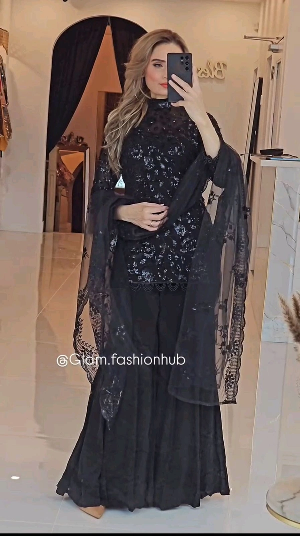 Black Color Heavy Embroidery Work Plazzo Suit - M