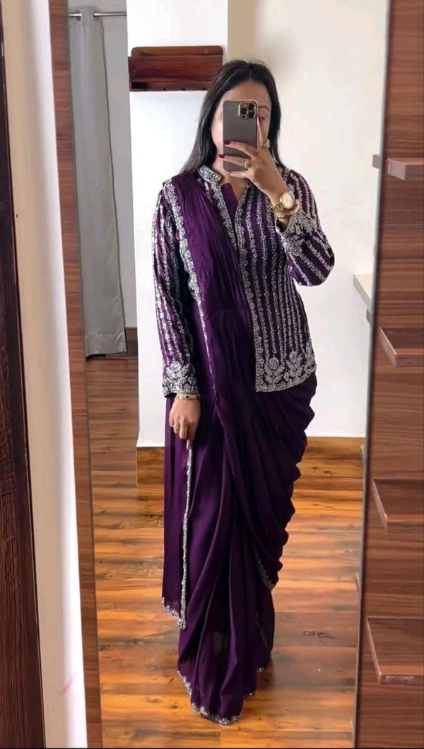 Designer Ready To Wear Saree With Full Koti - Free Size Upto 42inch, Ripe Plum