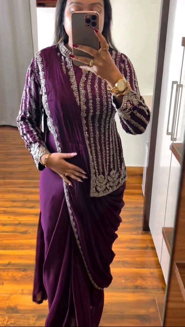 Designer Ready To Wear Saree With Full Koti - Free Size Upto 42inch, Ripe Plum