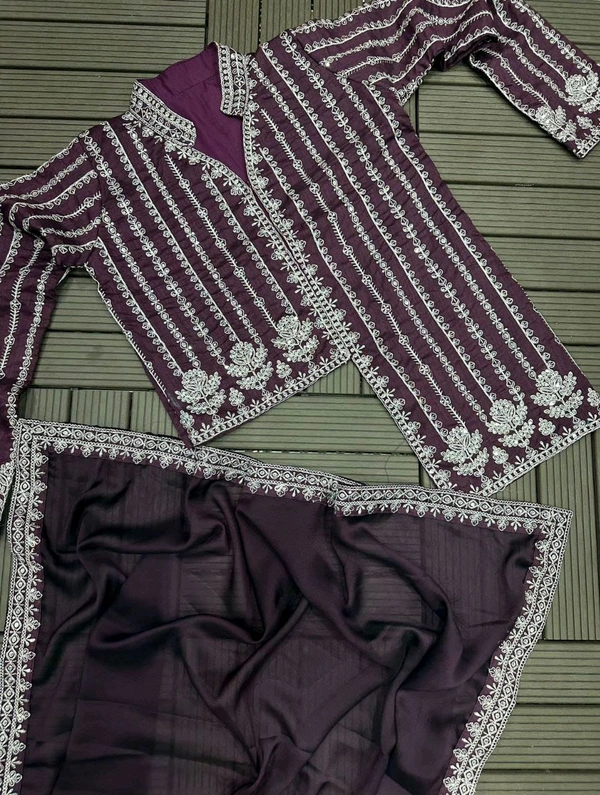 Designer Ready To Wear Saree With Full Koti - Free Size Upto 42inch, Ripe Plum