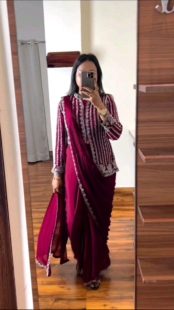 Designer Ready To Wear Saree With Full Koti - Free Size Upto 42inch, Bright Red