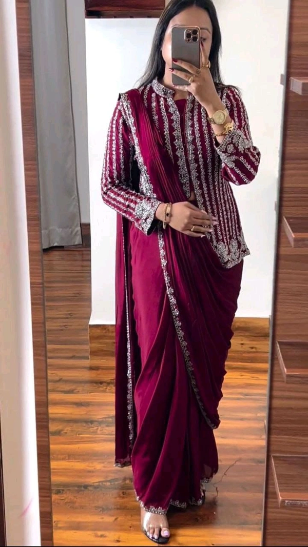 Designer Ready To Wear Saree With Full Koti - Free Size Upto 42inch, Bright Red