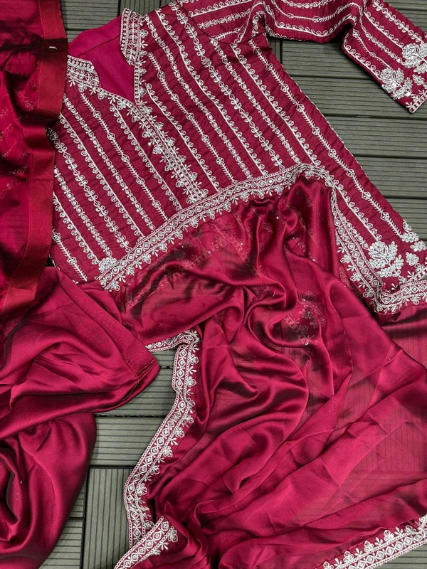 Designer Ready To Wear Saree With Full Koti - Free Size Upto 42inch, Bright Red