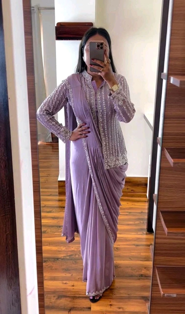 Designer Ready To Wear Saree With Full Koti - Free Size Upto 42inch, Lilac
