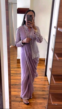Designer Ready To Wear Saree With Full Koti - Free Size Upto 42inch, Lilac