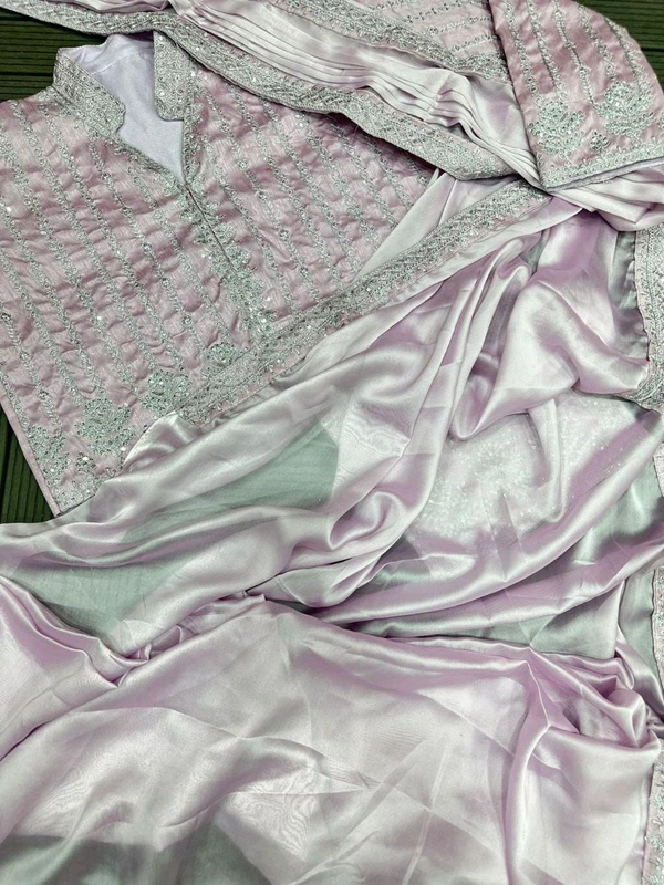 Designer Ready To Wear Saree With Full Koti - Free Size Upto 42inch, Lilac