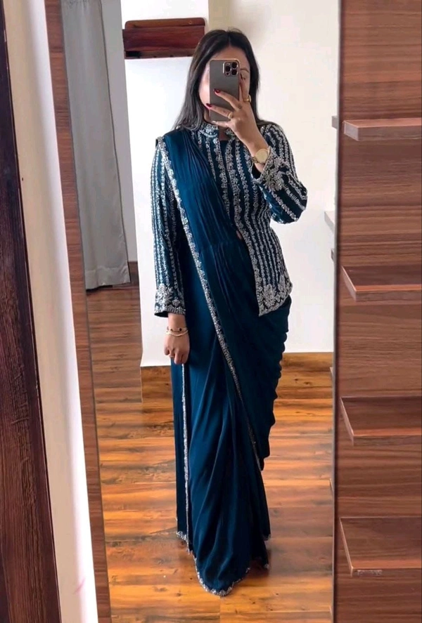 Designer Ready To Wear Saree With Full Koti - Free Size Upto 42inch, Sherpa Blue