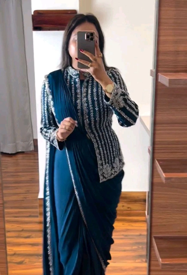 Designer Ready To Wear Saree With Full Koti - Free Size Upto 42inch, Sherpa Blue