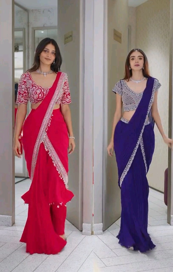 Partywear Fully Stiched Lehenga Saree With Blouse - 42 Xl Free Size, Purple